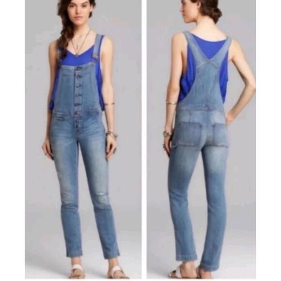 Free People Button Front Size 27 Distressed Overall Denim Color:True Wash #CB9 - Picture 13 of 13